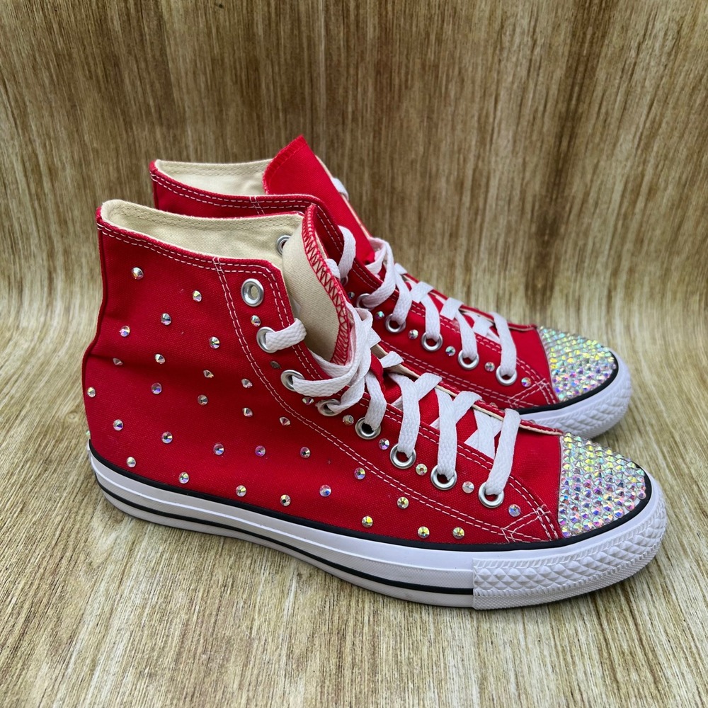 Converse High Top Sneaker Women's Size 8.5 Red Rhinestone Custom Bling M9621